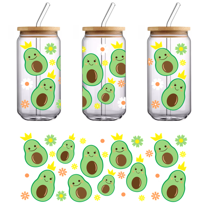 A playful pattern of happy avocados wearing crowns, surrounded by colorful flowers.UV Transfers