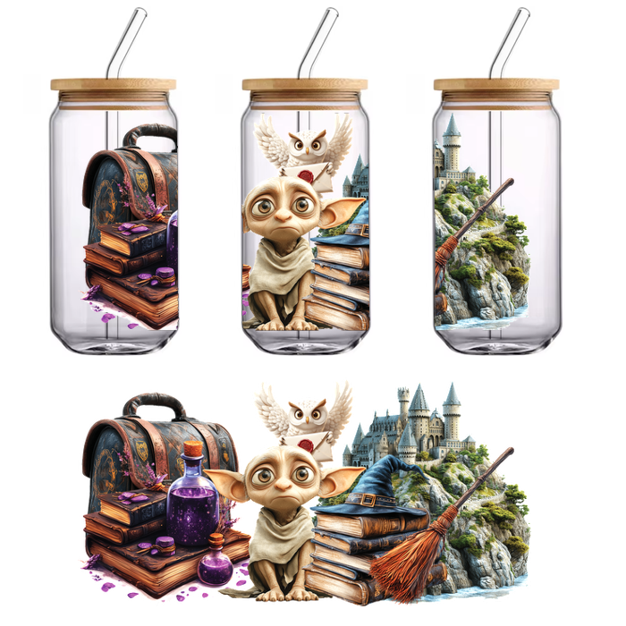 a toy of dobby the house elf standing next to a paved castleUV Transfers