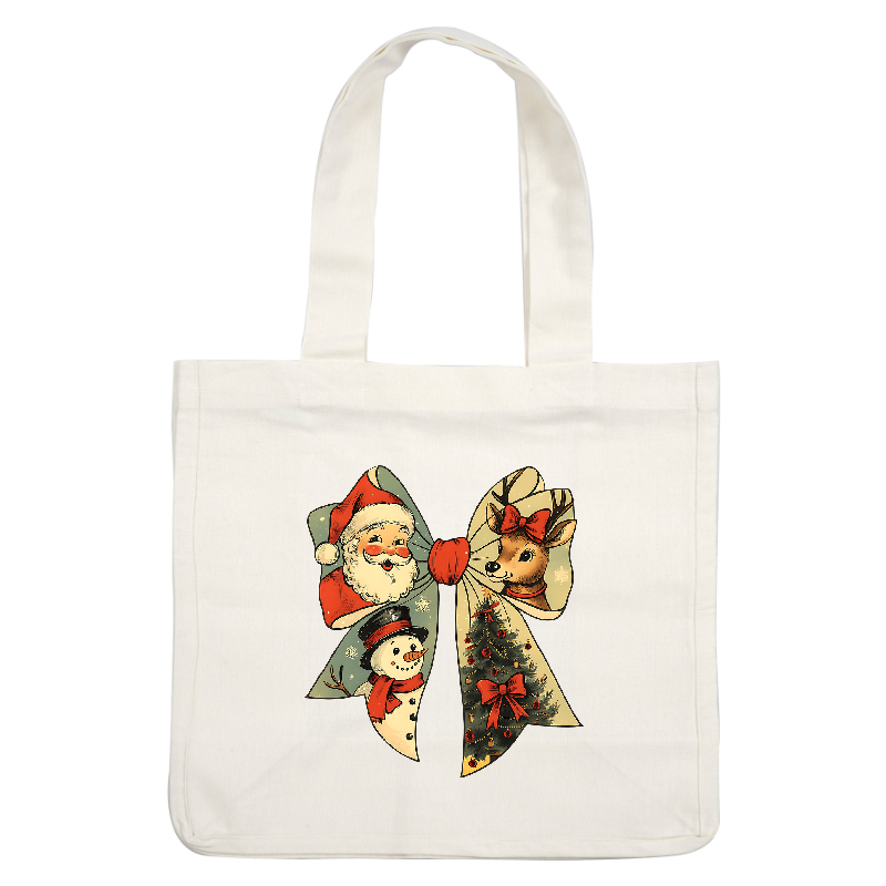 A festive ribbon features Santa, a snowman, a deer, and a Christmas tree.DTF Transfers