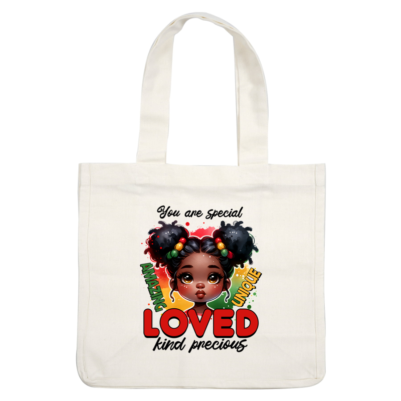 Una colorida ilustración digital de una niña con cabello natural, con las palabras "INCREÍBLE", "AMADO" y "ÚNICO" en letras vibrantes.