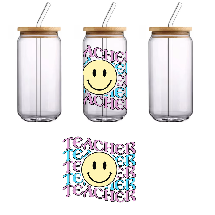 A graphic student backpack features a happy yellow face and the word "teacher" in bright colors.UV Transfers