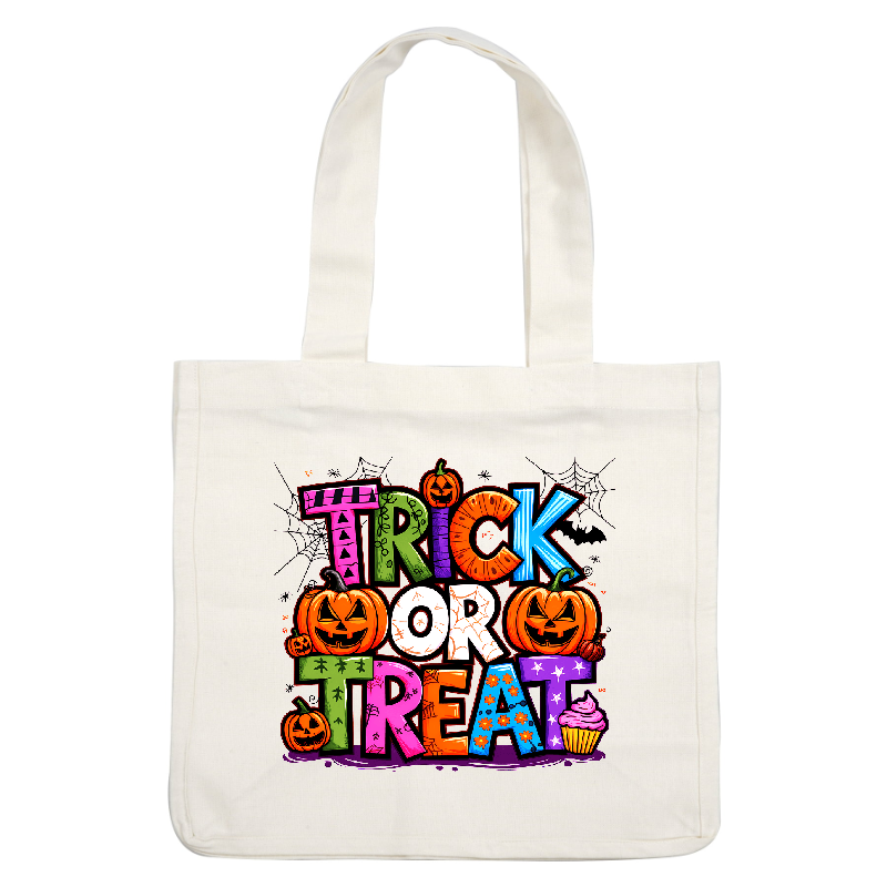 Colorful "Trick or Treat" Halloween graphic featuring pumpkins and festive elements.DTF Transfers