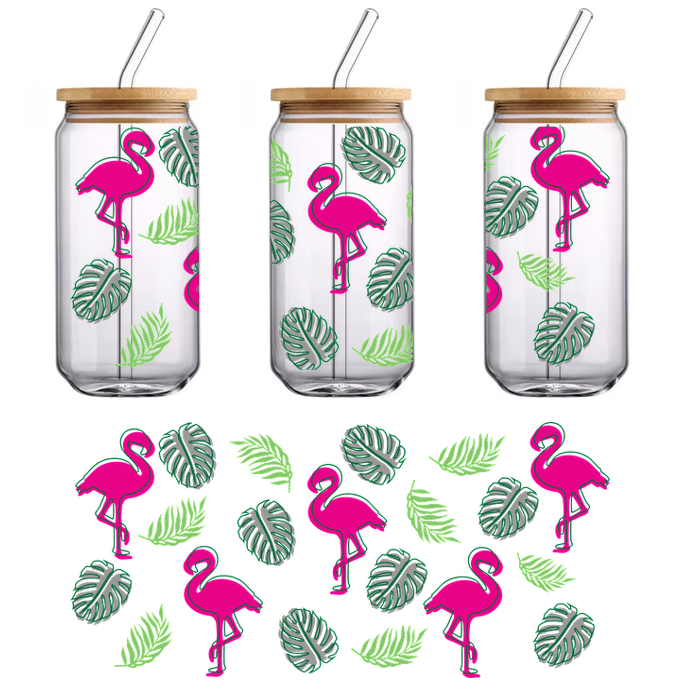 A vibrant tropical pattern featuring pink flamingos and lush green leaves, perfect for a cheerful summer vibe!UV Transfersdtf regular iron