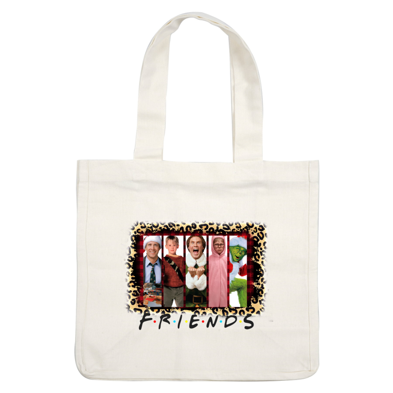 A vibrant design featuring playful characters in festive attire, set against a fun animal print background with the text "FRIENDS."DTF Transfers dtf prints
