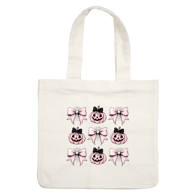 A whimsical pattern featuring pink pumpkins with playful faces and elegant bows, perfect for a festive Halloween vibe.dtf regular iron