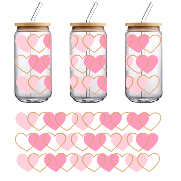 A few pink and peach colored hearts sit on top of one another.UV Transfers