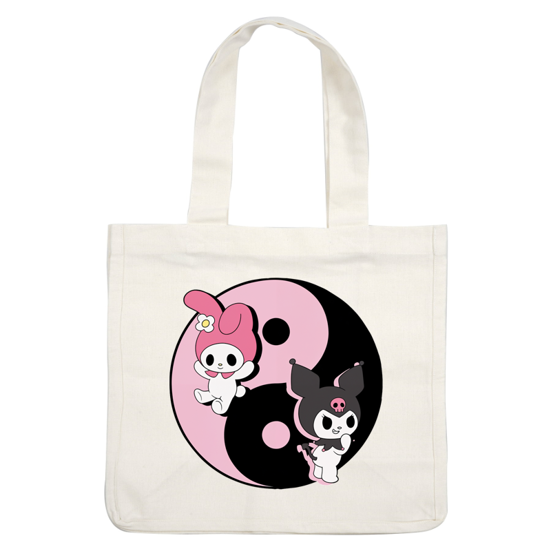 Un diseño divertido que presenta dos simpáticos personajes, My Melody en rosa y Kuromi en negro, sobre un fondo de yin y yang. Transferencias DTF