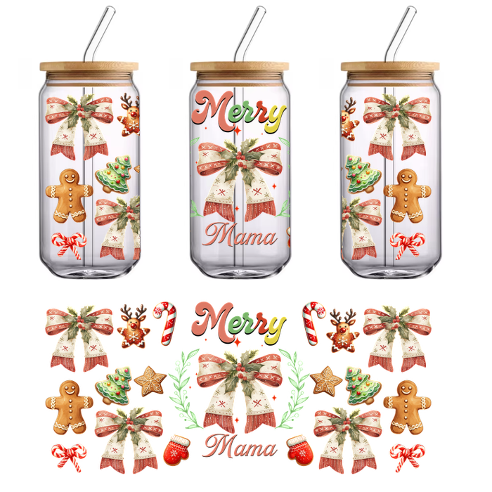 Celebre la temporada con este collage festivo que incluye moños, galletas de jengibre, bastones de caramelo y decoraciones navideñas. Transferencias UV