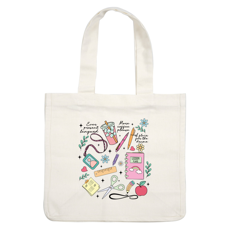 A vibrant collection of school supplies, including a pink notebook labeled "Lesson Plans," scissors, markers, and a cheerful apple.DTF Transfers