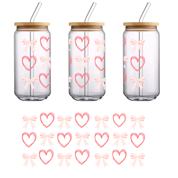 Pink bows and pink hearts decorate this green fabric.UV Transfers