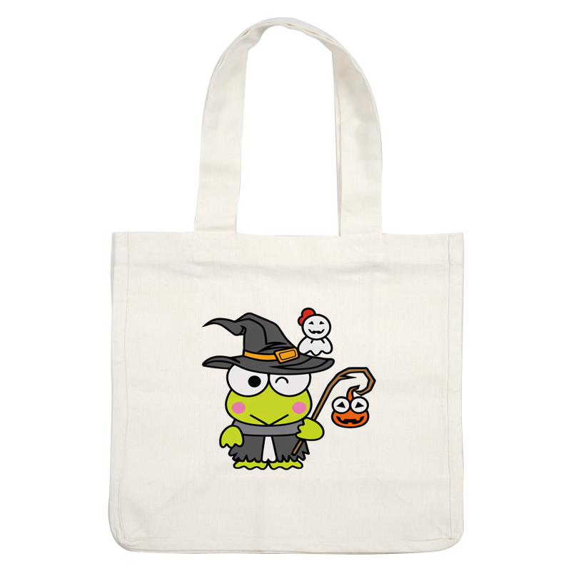 Una rana verde caprichosa con sombrero y capa de bruja sostiene una linterna espeluznante, acompañada por un fantasma amigable.Transferencias DTF