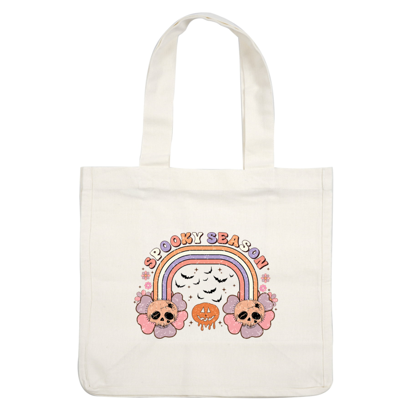 Celebrate Halloween with this playful design featuring skulls, a pumpkin, and a colorful rainbow labeled "Spooky Season." dtf transfers