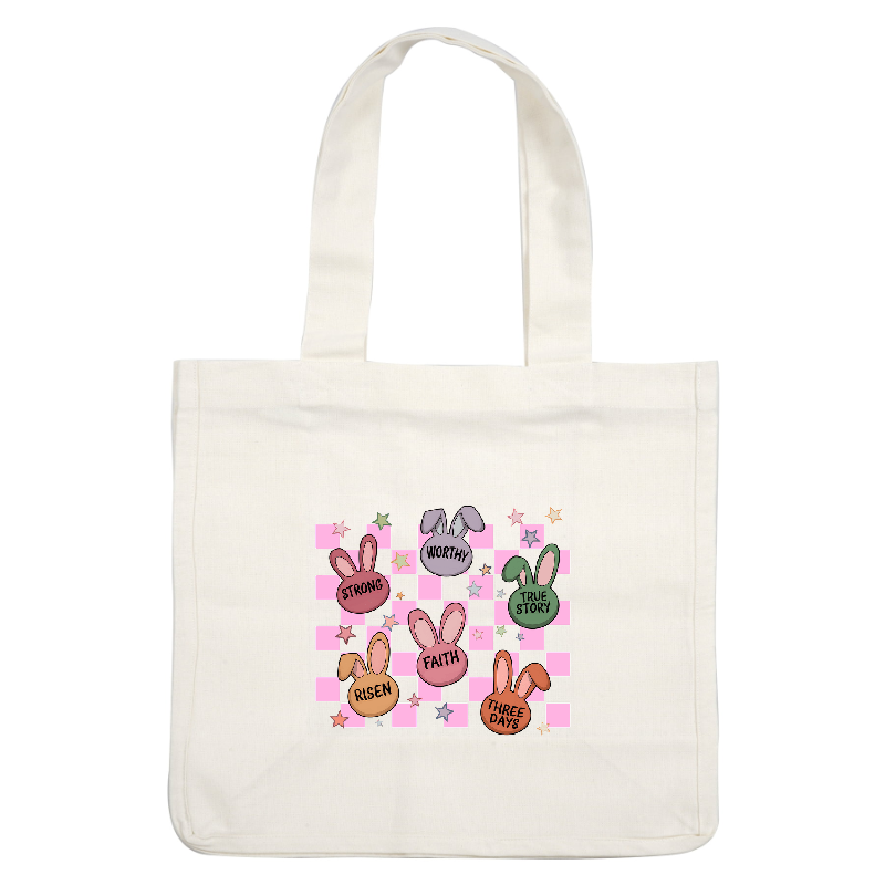 A colorful and playful design featuring bunny illustrations with positive words like "Strong," "Worthy," and "Faith" against a checkered background.DTF Transfers