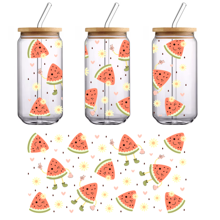 A cheerful pattern featuring cute, smiling watermelon slices with playful arms and flowers.UV Transfers
