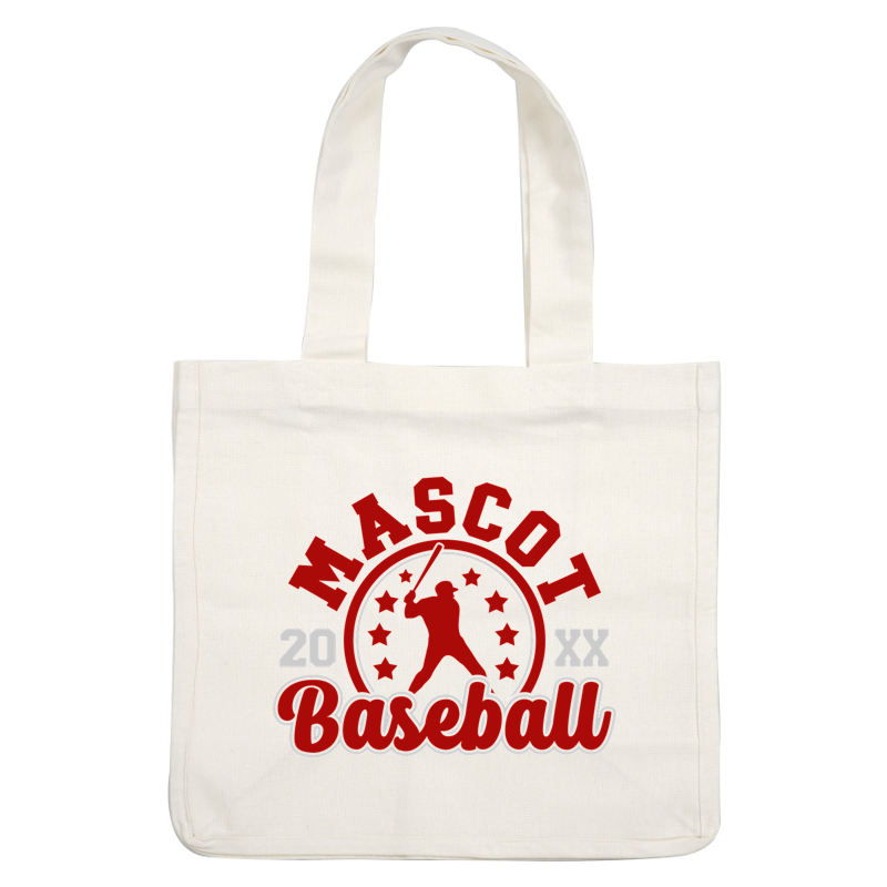 A vibrant baseball-themed logo featuring the word "Mascot," a player swinging a bat, and star accents, perfect for a sporting event.DTF Transfers dtf prints