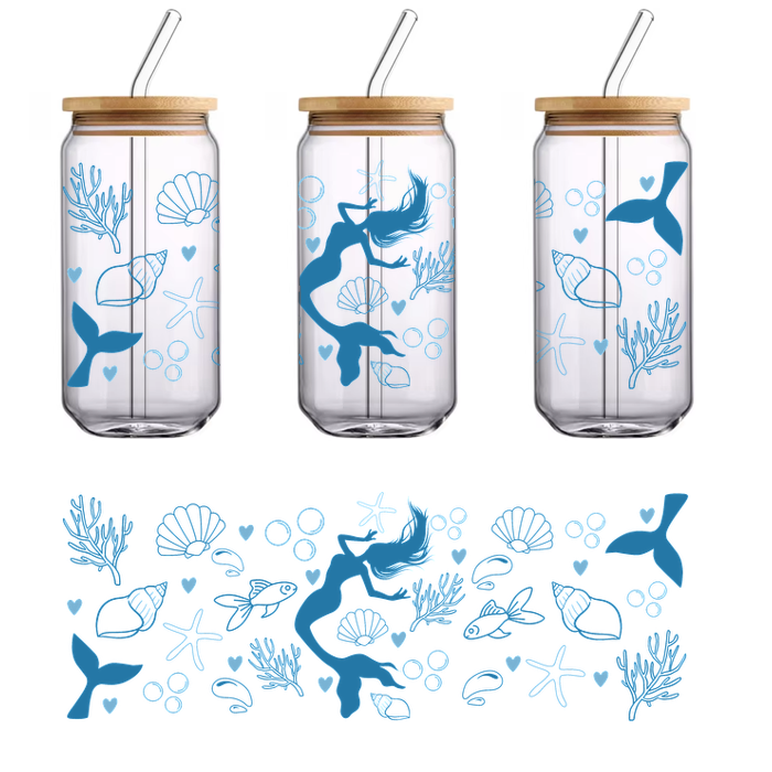 A whimsical underwater scene featuring a mermaid surrounded by shells, starfish, coral, and bubbles in soothing blue tones.UV Transfers heat press transfers