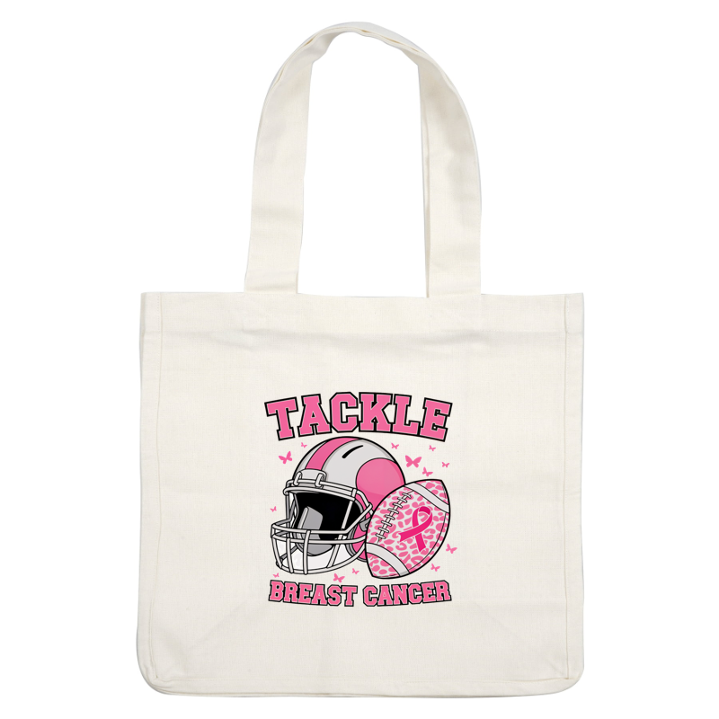 Un gráfico vibrante que promueve la concientización sobre el cáncer de mama, que presenta un casco de fútbol rosa y una pelota con el mensaje "Afrontar el cáncer de mama". Transferencias DTF