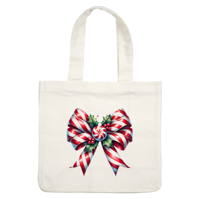 A festive red and white striped bow adorned with candy, holly leaves, and berries, perfect for Christmas decorations. dtf transfers