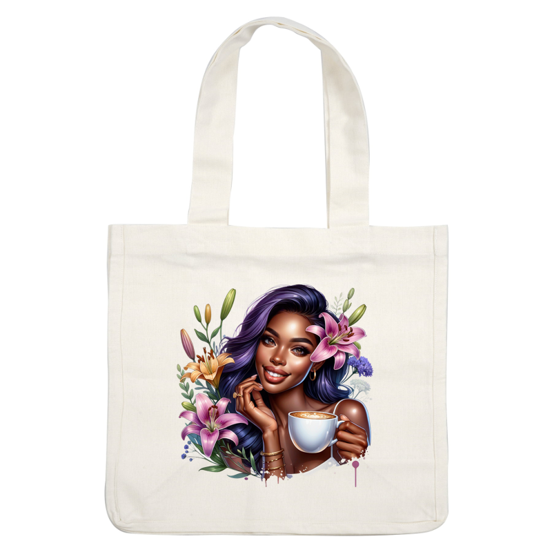 A cheerful woman with long purple hair holds a steaming cup of coffee, surrounded by vibrant flowers, exuding warmth and joy. dtf transfers