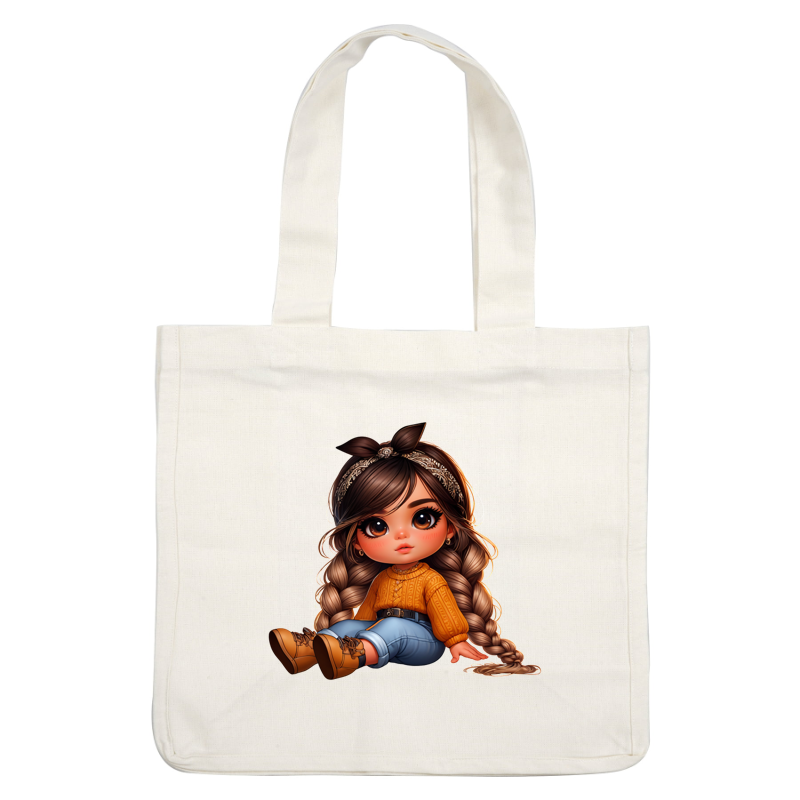 A cute cartoon girl with braided hair, wearing a cozy orange sweater and blue jeans, sits adorably in brown boots.dtf regular iron