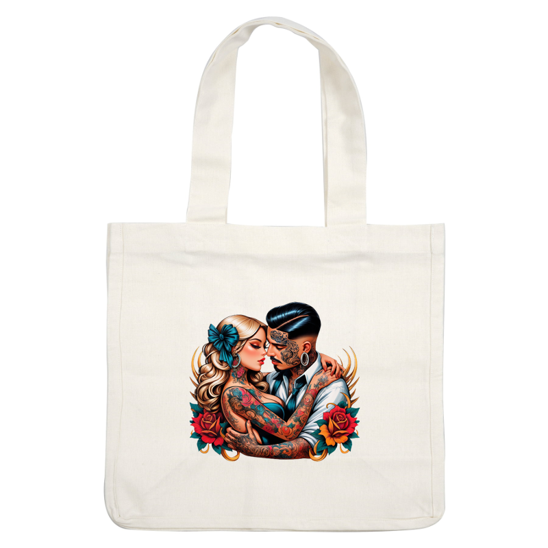 An artistic tattoo depiction of a romantic couple embracing, showcasing vibrant floral designs and intricate body art.DTF Transfers dtf prints