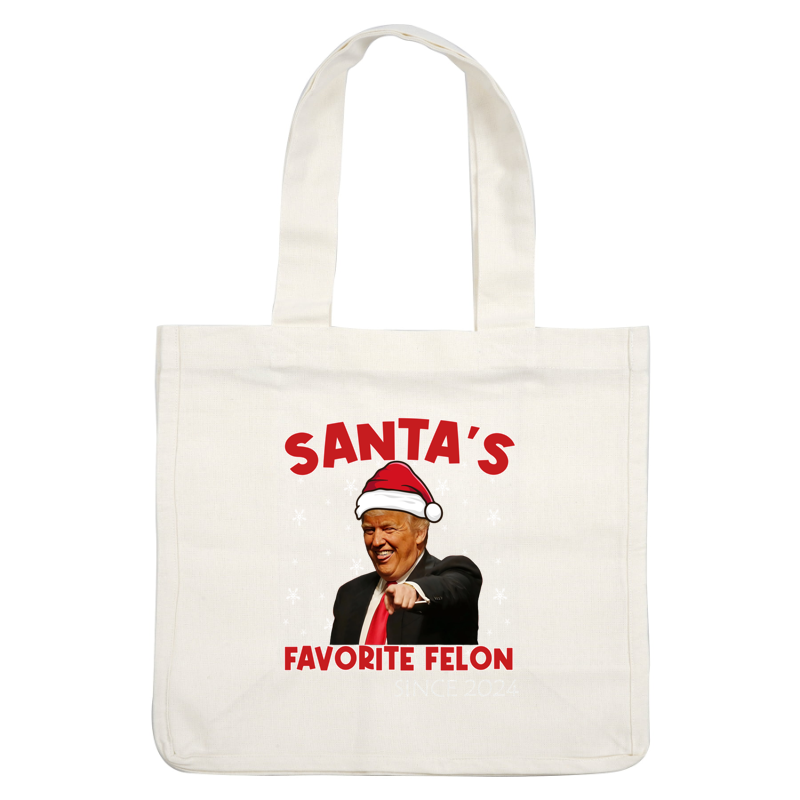 This festive graphic features a humorous design with a Santa hat, proclaiming "Santa's Favorite Felon Since 2024" against a snowy background.DTF Transfersdtf regular iron