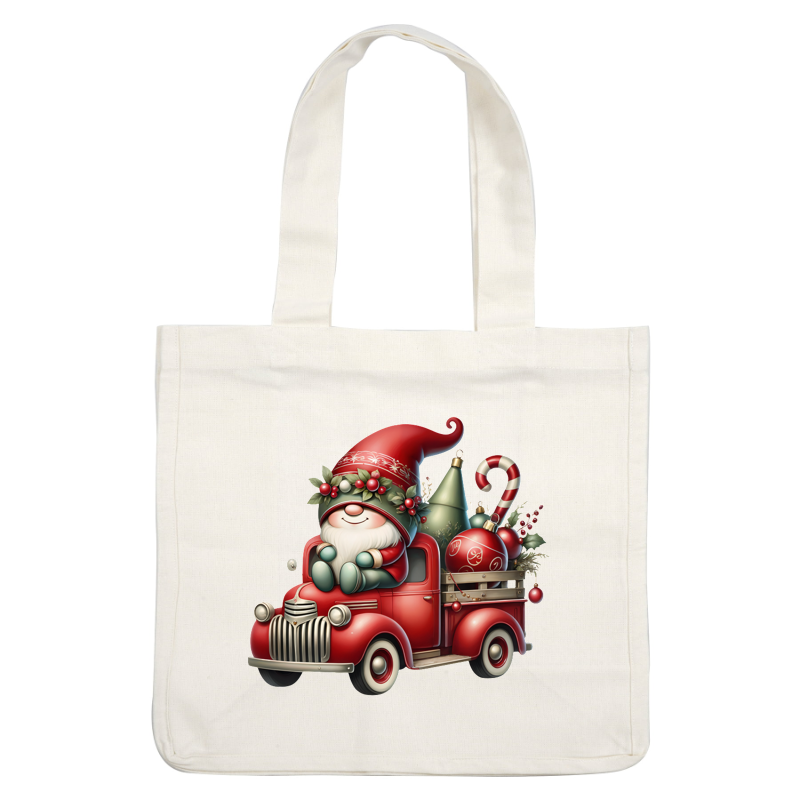 El caprichoso Papá Noel viaja en un festivo camión rojo, lleno de adornos coloridos, un bastón de caramelo y un árbol de Navidad.Transferencias DTF