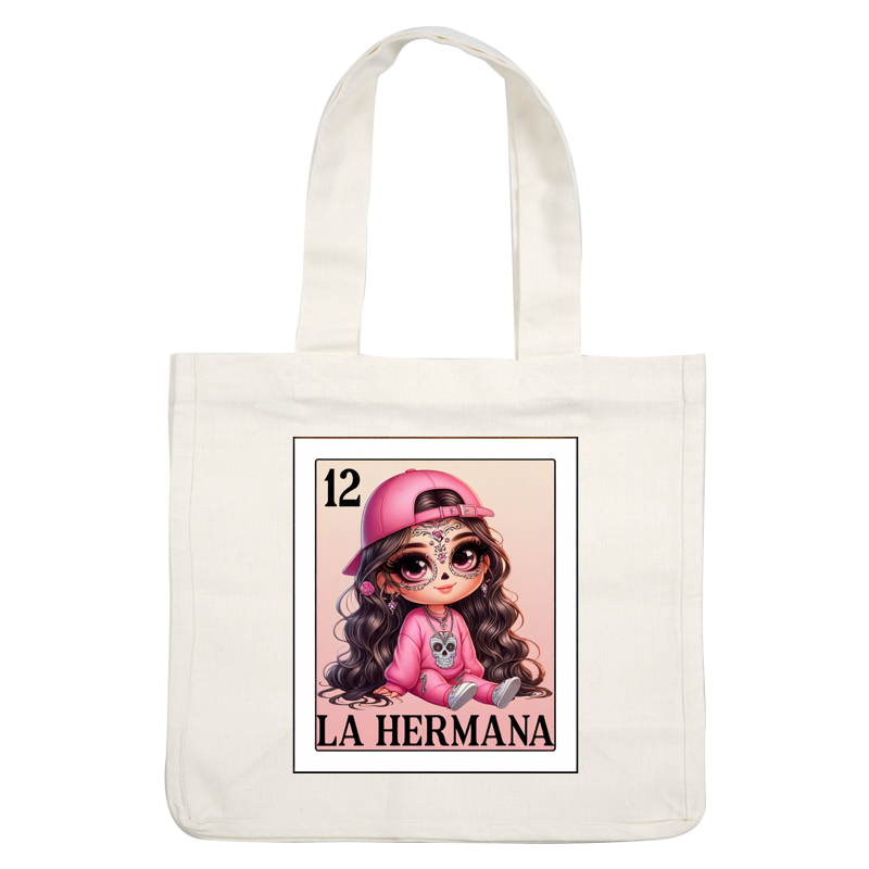 A cute, stylized illustration of a girl in a pink outfit with a skull design, wearing a cap and intricate facial decorations.dtf regular iron