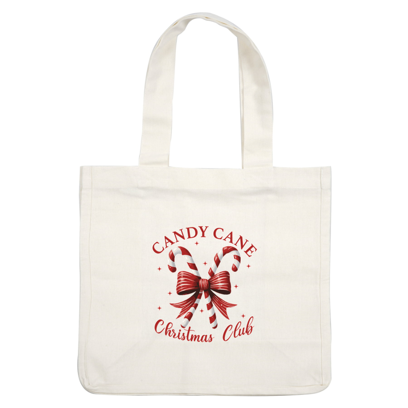 Festive "Candy Cane Christmas Club" design featuring iconic red and white striped candy canes tied with a cheerful bow. heat press transfers