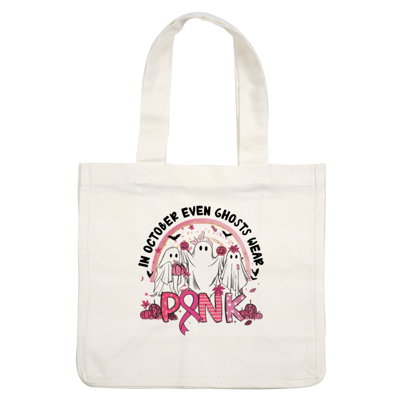 A playful Halloween-themed design featuring ghosts, pumpkins, and pink ribbons, blending spooky fun with breast cancer awareness.DTF Transfers heat press transfers