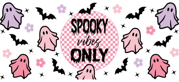 A playful and colorful "Spooky Vibes Only" design featuring cute ghosts and flowers, perfect for Halloween fun!UV Transfersdtf regular iron