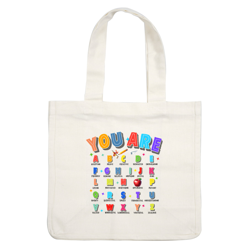 Colorful alphabet letters, featuring "YOU ARE" prominently, along with playful icons like an apple and tools, perfect for educational settings.DTF Transfers