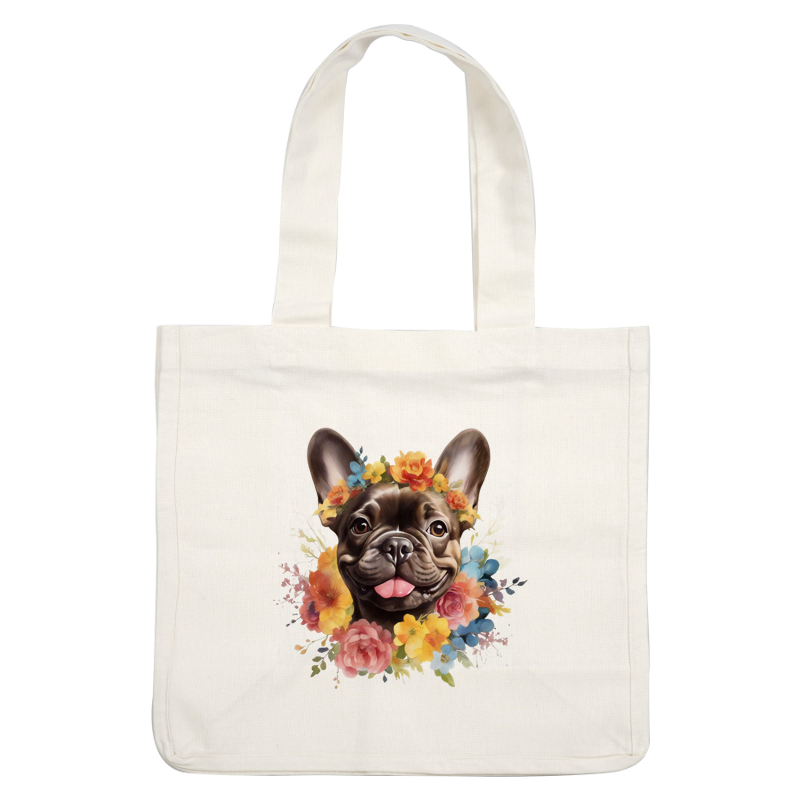A charming French Bulldog wearing a floral crown surrounded by colorful blossoms, radiating joy and cuteness. dtf prints
