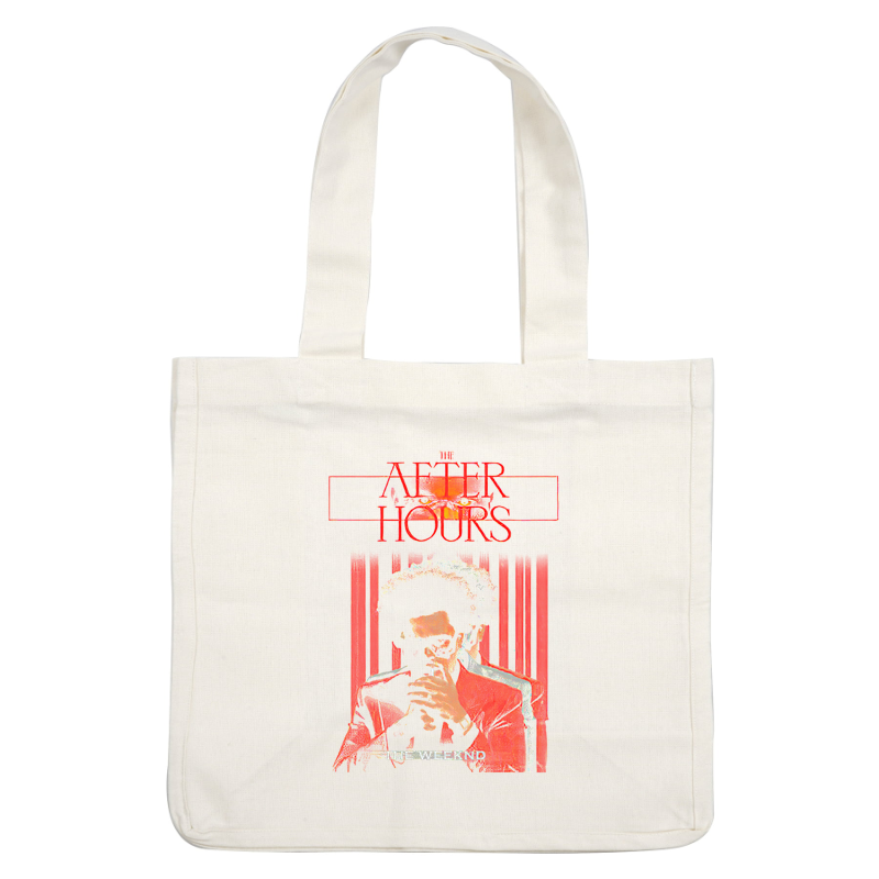 Portada del álbum "After Hours" de The Weeknd, que presenta una elegante ilustración del artista con un traje rojo y gafas de sol. Transferencias DTF