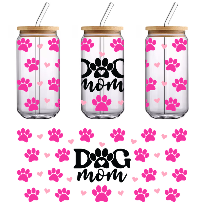 Pink dog paw and heart stickers to frame dog mom text.UV Transfers