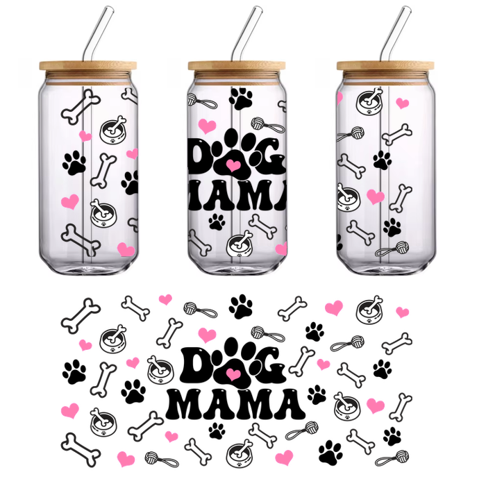 A black square has bone shapes and hearts inside.UV Transfers