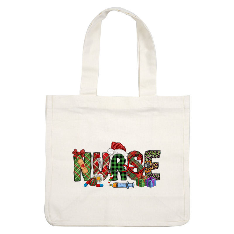 Celebrate the nursing profession with this festive, colorful design that features playful letters adorned with holiday symbols and medical tools!DTF Transfers heat press transfers dtf transfers