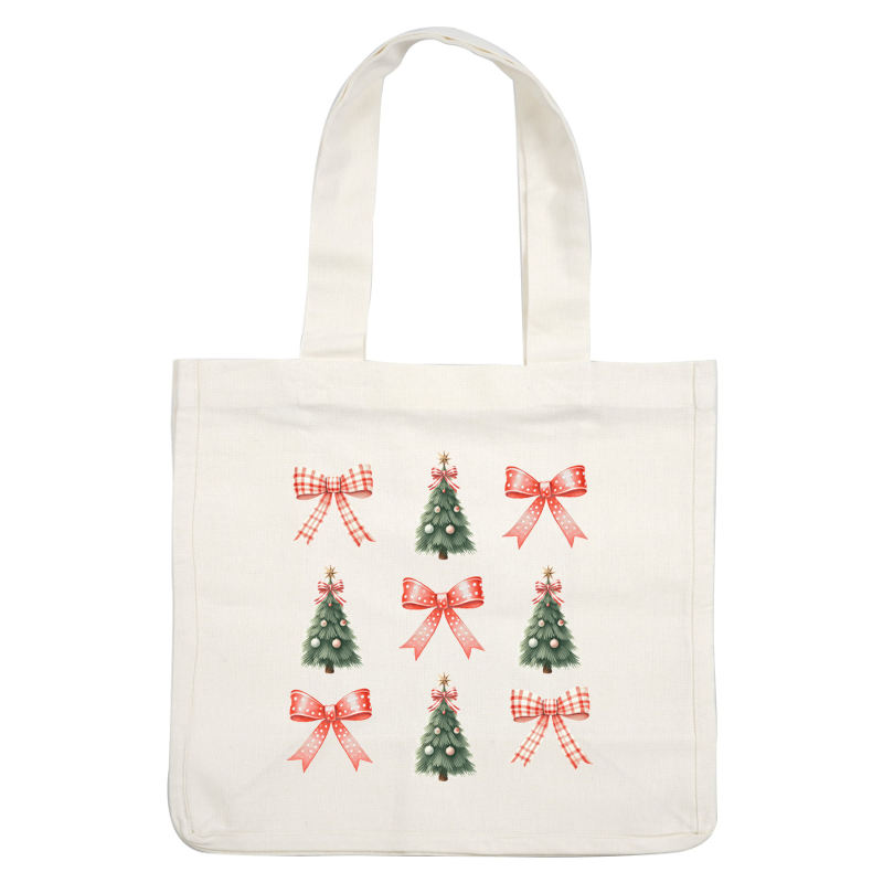 A cheerful collection of festive Christmas trees and bows in vibrant red and green, perfect for holiday decorating!dtf regular iron