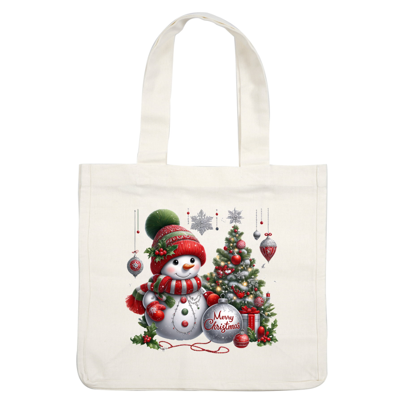 A cheerful snowman in a festive red and green outfit stands next to a decorated Christmas tree, holding a "Merry Christmas" ornament.DTF Transfersdtf regular iron