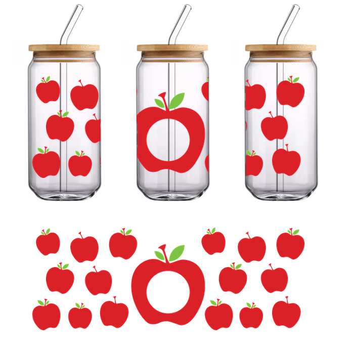 Una vibrante variedad de manzanas rojas, que incluye una manzana grande con un centro hueco, rodeada de varias manzanas más pequeñas. Transferencias UV