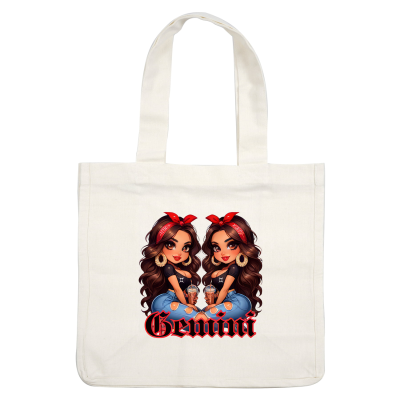 This vibrant illustration features twin characters with long, dark hair and red bandanas, embodying the Gemini zodiac sign.