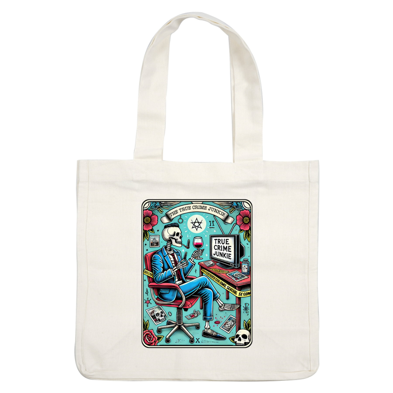 A stylish skeleton, suited in blue, enjoys wine while surrounded by true crime memorabilia in a vibrant, artful setting.dtf regular iron