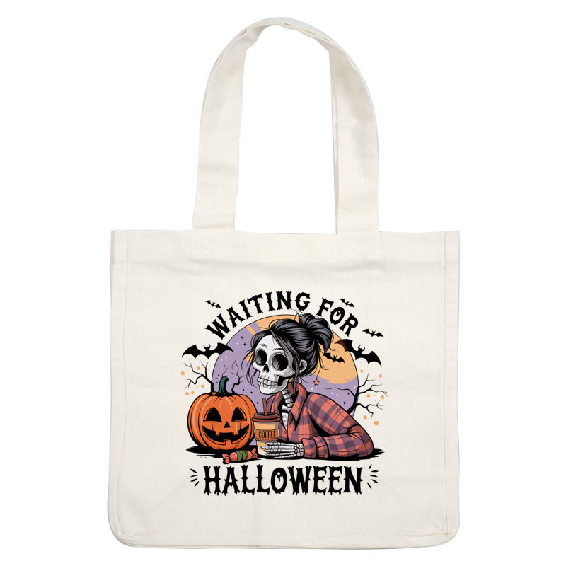 A cheerful skeleton in a plaid shirt enjoys coffee beside a carved pumpkin, celebrating the cozy vibe of Halloween. heat press transfers