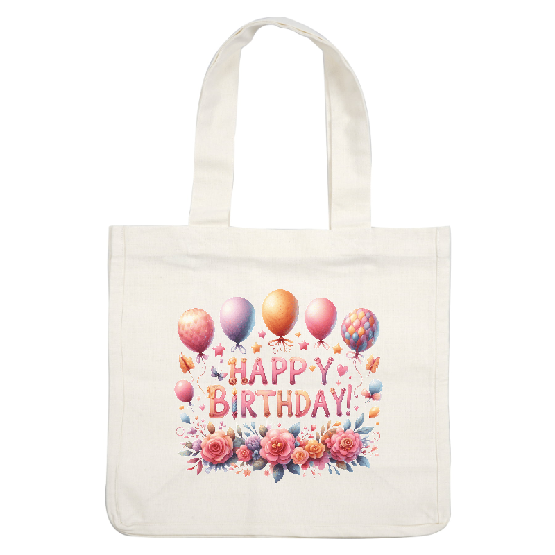 Celebrate with this vibrant and colorful birthday design featuring balloons, flowers, and a festive "Happy Birthday!" message.DTF Transfers