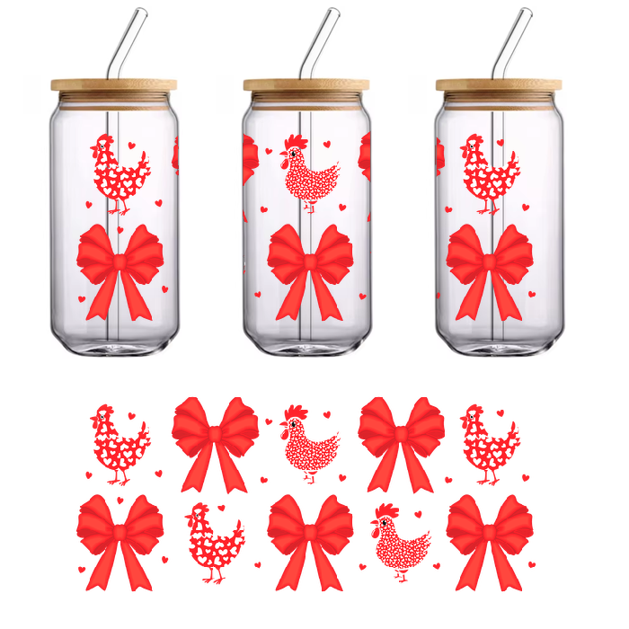 A red bow with some chickens on it.UV Transfers