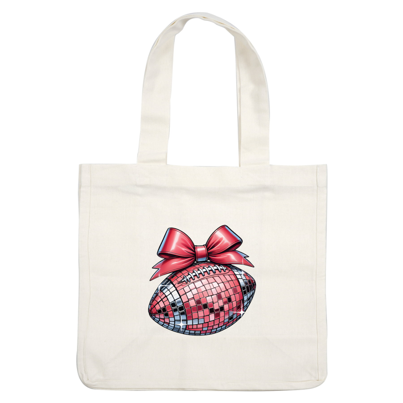 Sparkle up your game with this vibrant, disco ball-themed football featuring a large red bow for a festive touch!