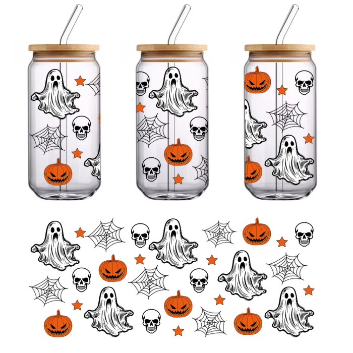 Un patrón caprichoso de Halloween con fantasmas divertidos, calabazas talladas y estrellas, perfecto para decoraciones festivas. Transferencias UV