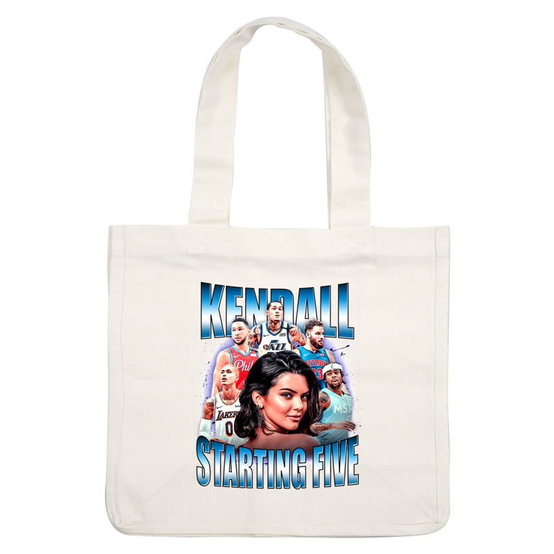 A vibrant graphic featuring Kendall surrounded by NBA players, celebrating a "Starting Five" theme with bold lettering and striking colors.DTF Transfers dtf prints