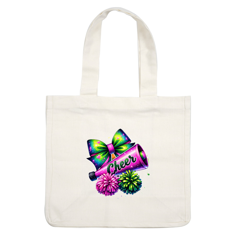 Una vibrante ilustración con temática de porristas que incluye un megáfono, pompones coloridos y un lazo brillante, ¡perfecta para el espíritu de equipo! Transferencias DTF