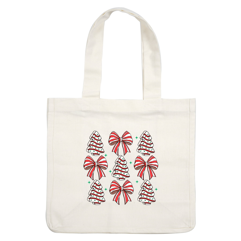 A festive illustration featuring a grid of Christmas trees and bows, adorned with red and white stripes, and green polka dots. dtf transfers